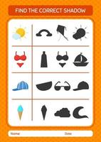 encuentra el juego de sombras correcto con el icono de verano. hoja de trabajo para niños en edad preescolar, hoja de actividades para niños vector