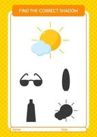 Find the correct shadows game with sun. worksheet for preschool kids, kids activity sheet vector