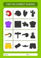 Find the correct shadows game with summer icon. worksheet for preschool kids, kids activity sheet vector