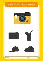 Find the correct shadows game with camera. worksheet for preschool kids, kids activity sheet vector