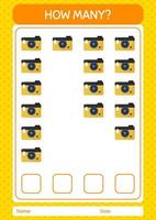 How many counting game with camera. worksheet for preschool kids, kids activity sheet vector