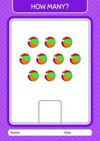 How many counting game with beach ball. worksheet for preschool kids, kids activity sheet vector