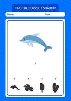 Find the correct shadows game with dolphin. worksheet for preschool kids, kids activity sheet vector