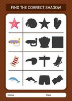 Find the correct shadows game with summer icon. worksheet for preschool kids, kids activity sheet vector