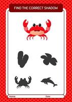 Find the correct shadows game with crab. worksheet for preschool kids, kids activity sheet vector