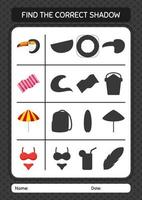 Find the correct shadows game with summer icon. worksheet for preschool kids, kids activity sheet vector