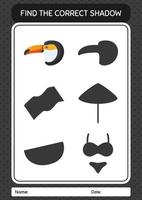 Find the correct shadows game with toucan. worksheet for preschool kids, kids activity sheet vector