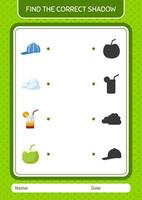 Find the correct shadows game with summer icon. worksheet for preschool kids, kids activity sheet vector