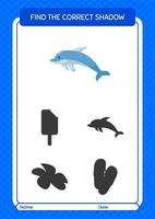 Find the correct shadows game with dolphin. worksheet for preschool kids, kids activity sheet vector