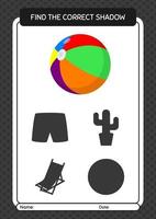 Find the correct shadows game with beach ball. worksheet for preschool kids, kids activity sheet vector