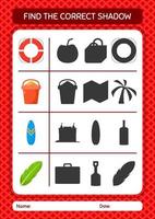 Find the correct shadows game with summer icon. worksheet for preschool kids, kids activity sheet vector