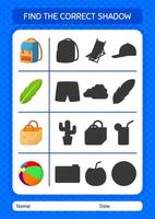 Find the correct shadows game with summer icon. worksheet for preschool kids, kids activity sheet vector