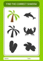 Find the correct shadows game with coconut tree. worksheet for preschool kids, kids activity sheet vector