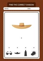 encuentra el juego de sombras correcto con sombrero de paja. hoja de trabajo para niños en edad preescolar, hoja de actividades para niños vector