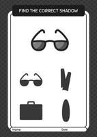 Find the correct shadows game with sunglasses. worksheet for preschool kids, kids activity sheet vector