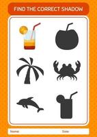 Find the correct shadows game with cocktail. worksheet for preschool kids, kids activity sheet vector