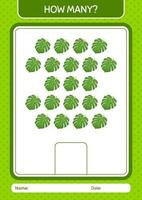 How many counting game with monstera leaf. worksheet for preschool kids, kids activity sheet vector