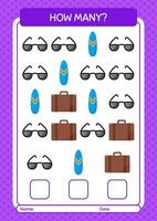 How many counting game with summer icon. worksheet for preschool kids, kids activity sheet vector