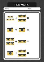 How many counting game with camera. worksheet for preschool kids, kids activity sheet vector