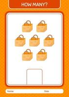 How many counting game with basket bag. worksheet for preschool kids, kids activity sheet vector