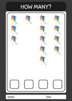 How many counting game with kite. worksheet for preschool kids, kids activity sheet vector