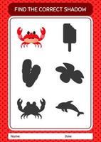 Find the correct shadows game with crab. worksheet for preschool kids, kids activity sheet vector