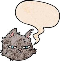 cartoon tough cat face and speech bubble in retro texture style vector