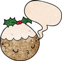 cute cartoon christmas pudding and speech bubble in retro texture style vector