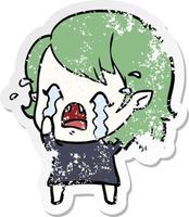 distressed sticker of a cartoon crying vampire girl vector