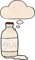 cartoon milk bottle and thought bubble in grunge texture pattern style vector