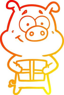 warm gradient line drawing happy cartoon pig holding christmas present