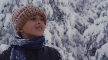 niño feliz mirando a su alrededor en un día de invierno cubierto de nieve. cara feliz y emocionada de un niño mirando a su alrededor el día de invierno. video