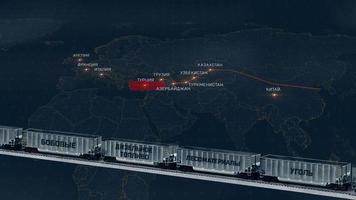 Zuganimation. China-England-Linie. grafische Animationsarbeit, die Eisenbahnhandel-Russisch zeigt. video