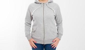 pretty woman in gray pullover hoodie mockup cropped image photo