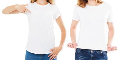 T-shirt design and people concept - close up of young woman in blank white shirt, front isolated. Mock up template for design print photo