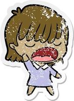 distressed sticker of a cartoon woman talking loudly vector