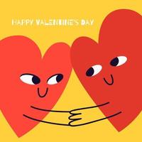 Valentine's day square card. Two loving hearts look into each other's eyes and hold hands. Vector stock illustration close-up on a yellow background.