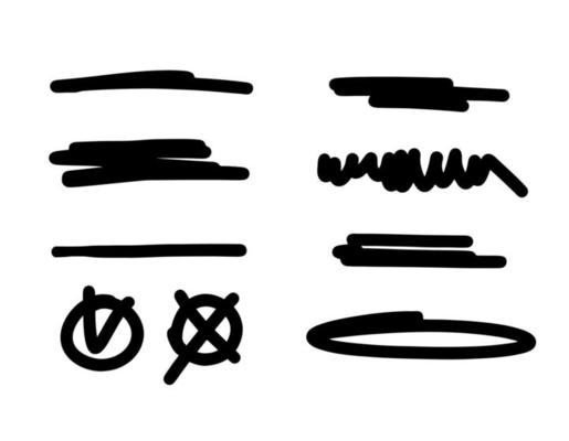 A set of bold underlines. A collection of highlight lines and other elements for highlighting or strikethrough text. Vector stock illustration of graphic doodles on a white background.