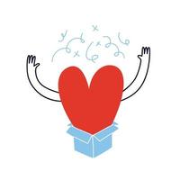 A large heart jumps out of a blue gift box. A loving doodle character in the form of a red heart throws out his hands, appearing from the inside. Vector stock illustration isolated on white background