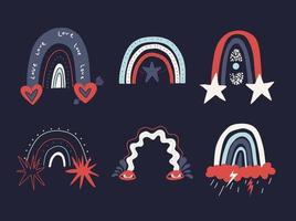 Collection of varied rainbows isolated on dark blue background. Hand-drawn set of abstract rainbow shapes in trending style. Vector stock illustration in flat design.
