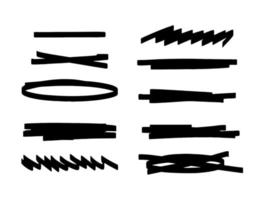 Set of bold underline and black highlight. Collection of lines and other elements for highlighting or strikethrough text. Vector stock illustration of graphic doodles on a white background.