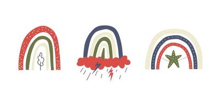 Set of trendy rainbows. Abstract rainbow shapes in red-green and beige-blue tones with rain and lightning. vector