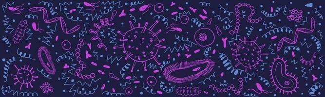 Horizontal banner with pink and blue microorganisms doodle on dark blue background. Vector illustration of a variety of bacilli and bacteria, viruses, and streptococci in a chaotic arrangement.