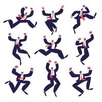 conjunto de hombres de negocios felices saltando. un grupo de jóvenes activos y exitosos con traje oscuro y corbata roja. ilustración vectorial de personas alegres aisladas sobre un fondo blanco. vector