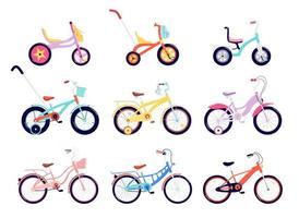 Set of kids and adults bicycles. A variety of two, three, and four-wheeled bicycles with different frame types. Collection of colored balance bikes. Vector illustration of male and female vehicles.