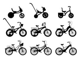 colección de bicicletas de silueta. conjunto de variedad de bicicletas de dos, tres y cuatro ruedas con diferentes tipos de cuadro. ilustración vectorial de vehículos masculinos y femeninos. vector