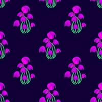 Seamless pattern with magic mushrooms on a dark background. Fantastic mushrooms in a checkerboard pattern. Vector illustration of unreal mystical, alien plants.