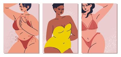 Collection women's posters, postcards close-up in a swimsuit. Young woman with a phone in her hand and a red bikini. Set vector illustrations of female beauty and self-love in cartoon style.