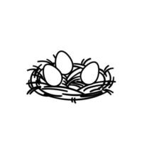 Three eggs lie in a nest of straw. Hand-drawn black on white chicken eggs. Vector stock illustration isolated on white background.