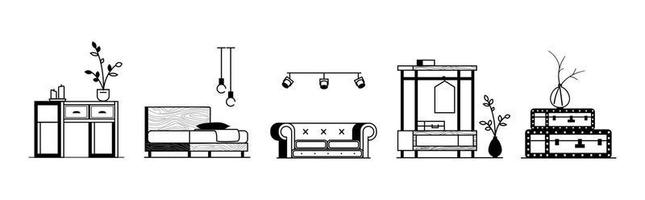 Collection of interior items. Black on white minimalistic furniture in a front view arranged in a row. Vector stock illustration isolated on white background.